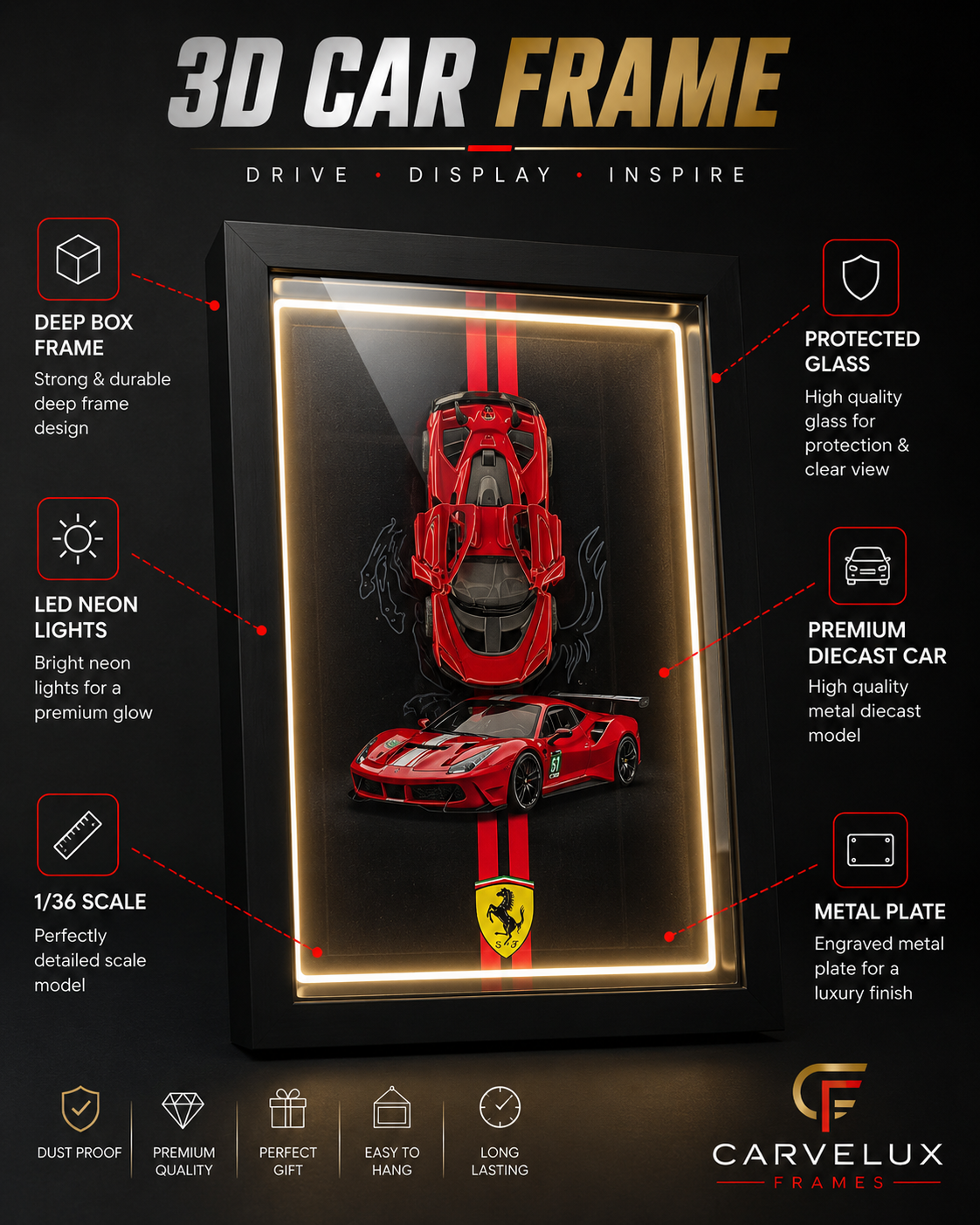 Ferrari 3D LED Car Frame | Premium Floating Wall Art with Ambient LED Glow | Luxury Automotive Decor